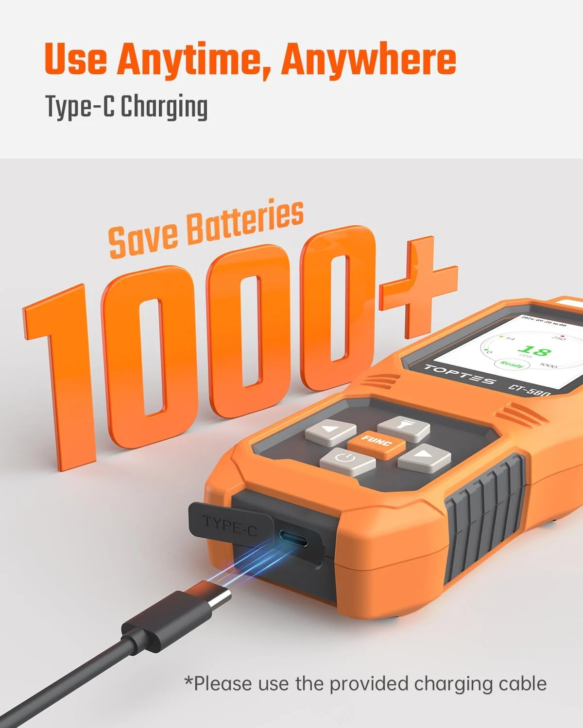 آشکارساز مونوکسید کربن TOPTES CT-580، آشکارساز CO قابل شارژ با آلارم لرزشی، بصری و صوتی، آلارم CO قابل حمل، 0-1000PPM برای خانه، ماشین، کمپینگ و مسافرت