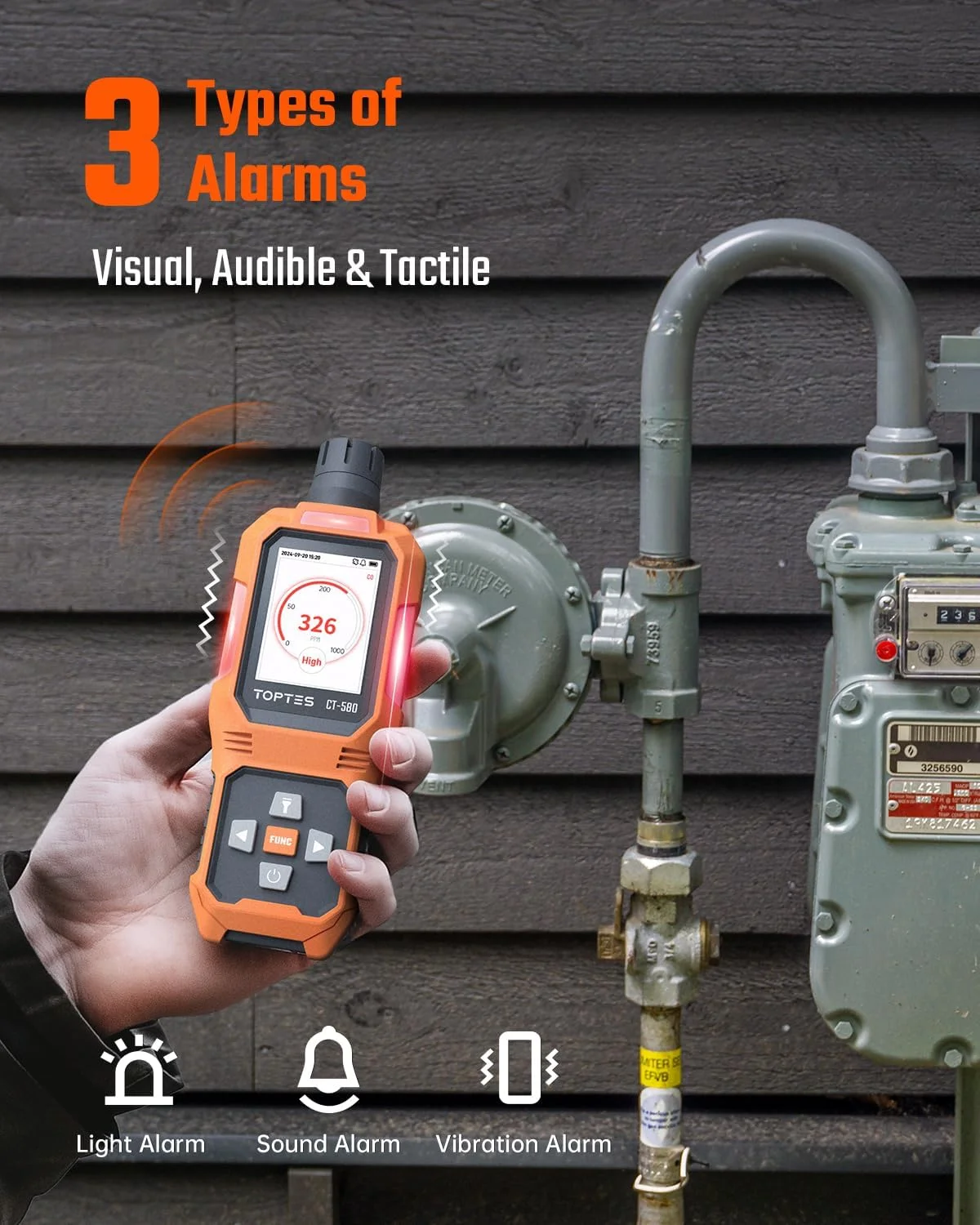 آشکارساز مونوکسید کربن TOPTES CT-580، آشکارساز CO قابل شارژ با آلارم لرزشی، بصری و صوتی، آلارم CO قابل حمل، 0-1000PPM برای خانه، ماشین، کمپینگ و مسافرت