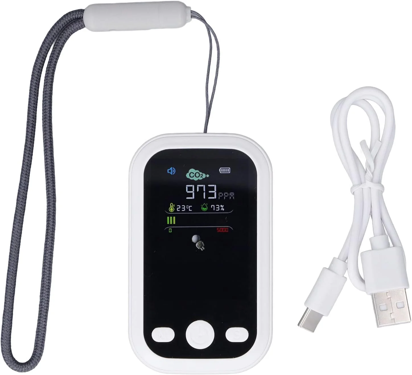 مینی ردیاب CO2، ردیاب سبک و قابل حمل دی اکسید کربن، مانیتور کیفیت هوا، آنالایزر هوا با قابلیت نمایش دما و رطوبت، CO2 متر دیجیتال برای استفاده در منزل و محیط های داخلی مینی ردیاب CO2، ردیاب سبک و قابل حمل دی اکسید کربن، مانیتور کیفیت هوا، آنالایزر هوا با قابلیت نمایش دما و رطوبت، CO2 متر دیجیتال برای استفاده در منزل و محیط های داخلی