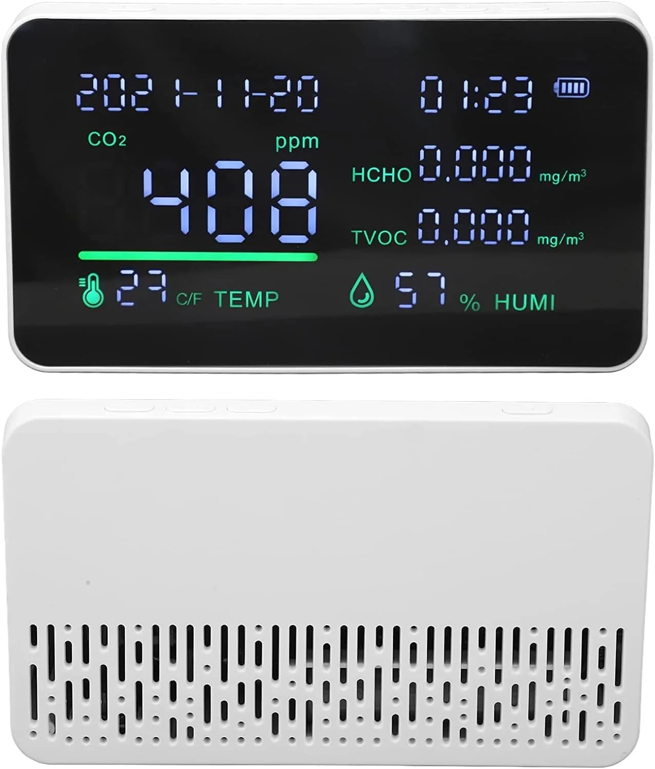 دتکتور CO2، مانیتور CO2 سنسور TVOC با دقت بالا، مصرف کم و ضد تداخل با صفحه نمایش بزرگ برای فضای داخلی (سفید) دتکتور CO2، مانیتور CO2 سنسور TVOC با دقت بالا، مصرف کم و ضد تداخل با صفحه نمایش بزرگ برای فضای داخلی (سفید)