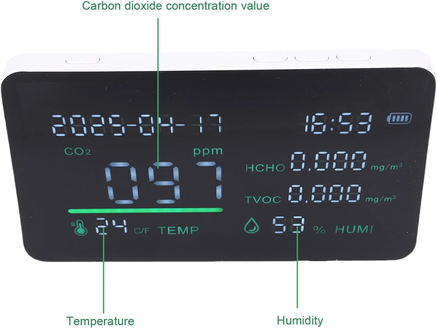 دستگاه تشخیص کیفیت هوا چند منظوره TVOC HCHO، تستر دما و رطوبت 7 در 1 مناسب برای اتاق نشیمن و زیرزمین دستگاه تشخیص کیفیت هوا چند منظوره TVOC HCHO، تستر دما و رطوبت 7 در 1 مناسب برای اتاق نشیمن و زیرزمین