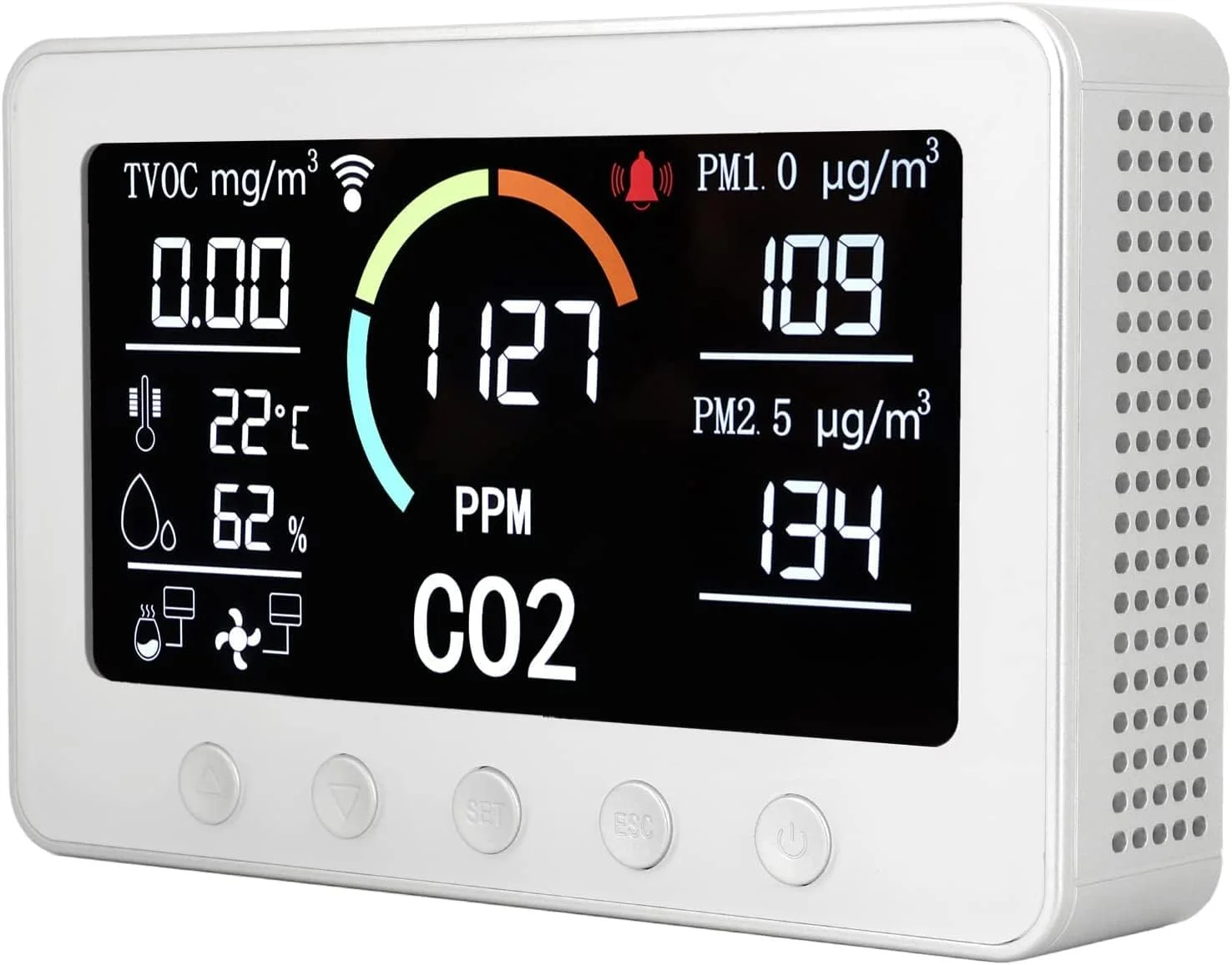 دستگاه تشخیص کیفیت هوا، دستگاه تشخیص دی اکسید کربن نقره ای چند منظوره اندازه گیری دقیق ABS ضد حریق AC100-240V صفحه نمایش 7 اینچی برای دفتر (#2) دستگاه تشخیص کیفیت هوا، دستگاه تشخیص دی اکسید کربن نقره ای چند منظوره اندازه گیری دقیق ABS ضد حریق AC100-240V صفحه نمایش 7 اینچی برای دفتر (#2)