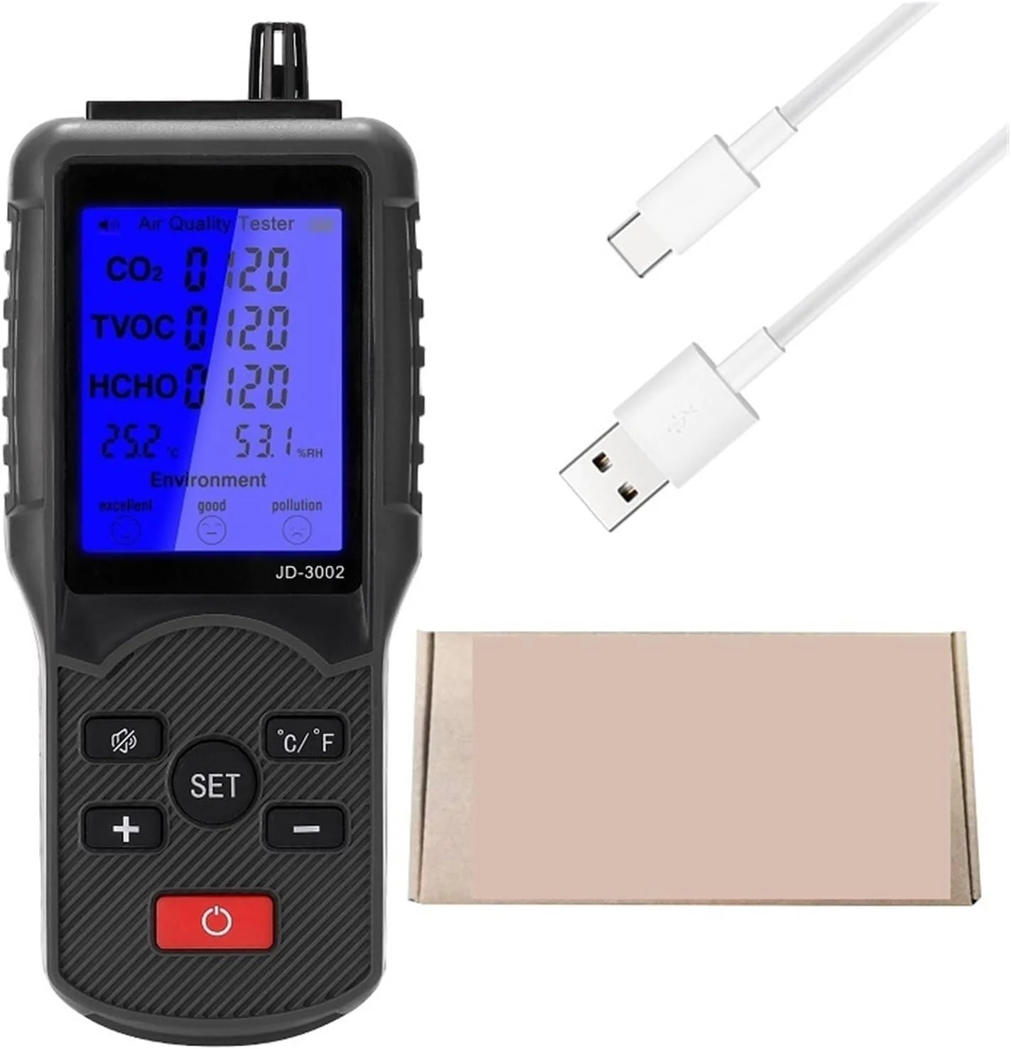 دستگاه تشخیص گاز JD-3002، تستر کیفیت هوای چند منظوره CO2 TVOC، دستگاه اندازه گیری دما و رطوبت، آشکارساز CO2 (نوع جعبه کاغذی) دستگاه تشخیص گاز JD-3002، تستر کیفیت هوای چند منظوره CO2 TVOC، دستگاه اندازه گیری دما و رطوبت، آشکارساز CO2 (نوع جعبه کاغذی)