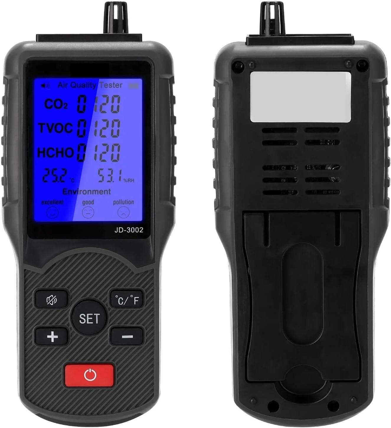 دستگاه تشخیص گاز JD-3002، تستر کیفیت هوای چند منظوره CO2 TVOC، دستگاه اندازه گیری دما و رطوبت، آشکارساز CO2 (نوع جعبه کاغذی) دستگاه تشخیص گاز JD-3002، تستر کیفیت هوای چند منظوره CO2 TVOC، دستگاه اندازه گیری دما و رطوبت، آشکارساز CO2 (نوع جعبه کاغذی)