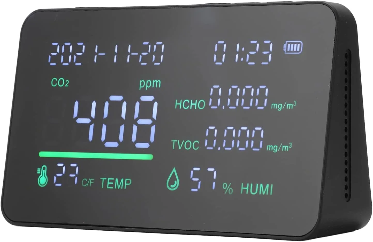 دستگاه تشخیص CO2، مانیتور CO2، حسگر TVOC، مصرف پایین، ضد تداخل با صفحه نمایش بزرگ برای فضای داخلی (مشکی)