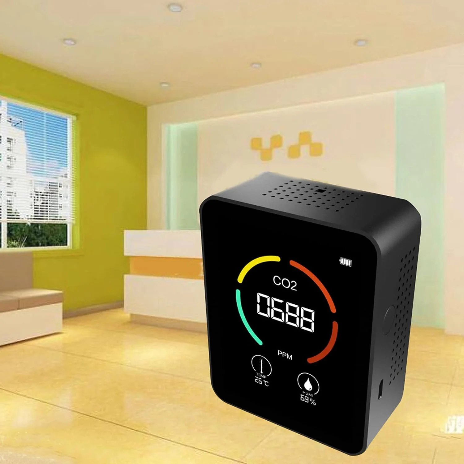 دستگاه تشخیص CO2 مانیتور دی اکسید کربن شارژر USB سنسور مانیتور کیفیت هوا دستگاه تشخیص TVOC با دما و رطوبت برای خانه، دفتر، باشگاه، ماشین (مشکی)