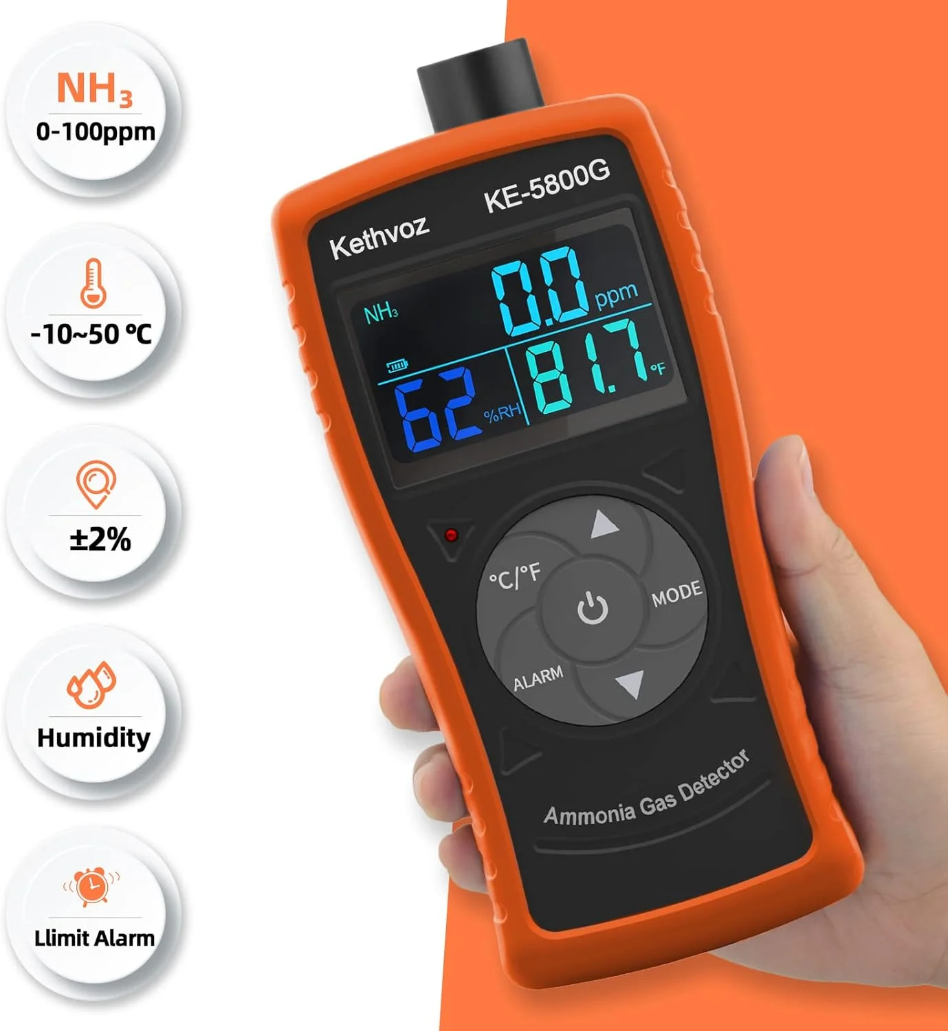 دتکتور گاز آمونیاک، مانیتور گاز Kethvoz مدل KE-5800G، آشکارساز هوا برای صنعت، خانه، کارخانه، کیفیت دستگاه تصفیه هوا، دکوراسیون، محیط زیست