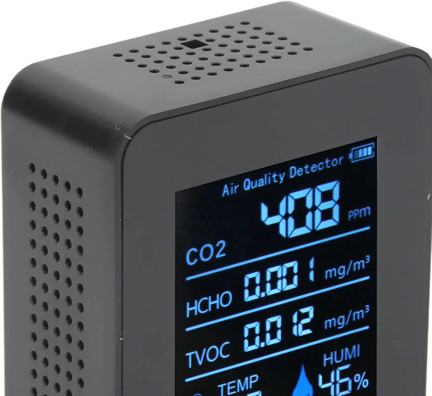 دستگاه تشخیص کیفیت هوا ABS 5 در 1 چند منظوره با قابلیت تشخیص همزمان CO2، TVOC، HCHO، دما و رطوبت، قابل حمل برای دفتر، خانه، سالن ورزشی (مشکی)