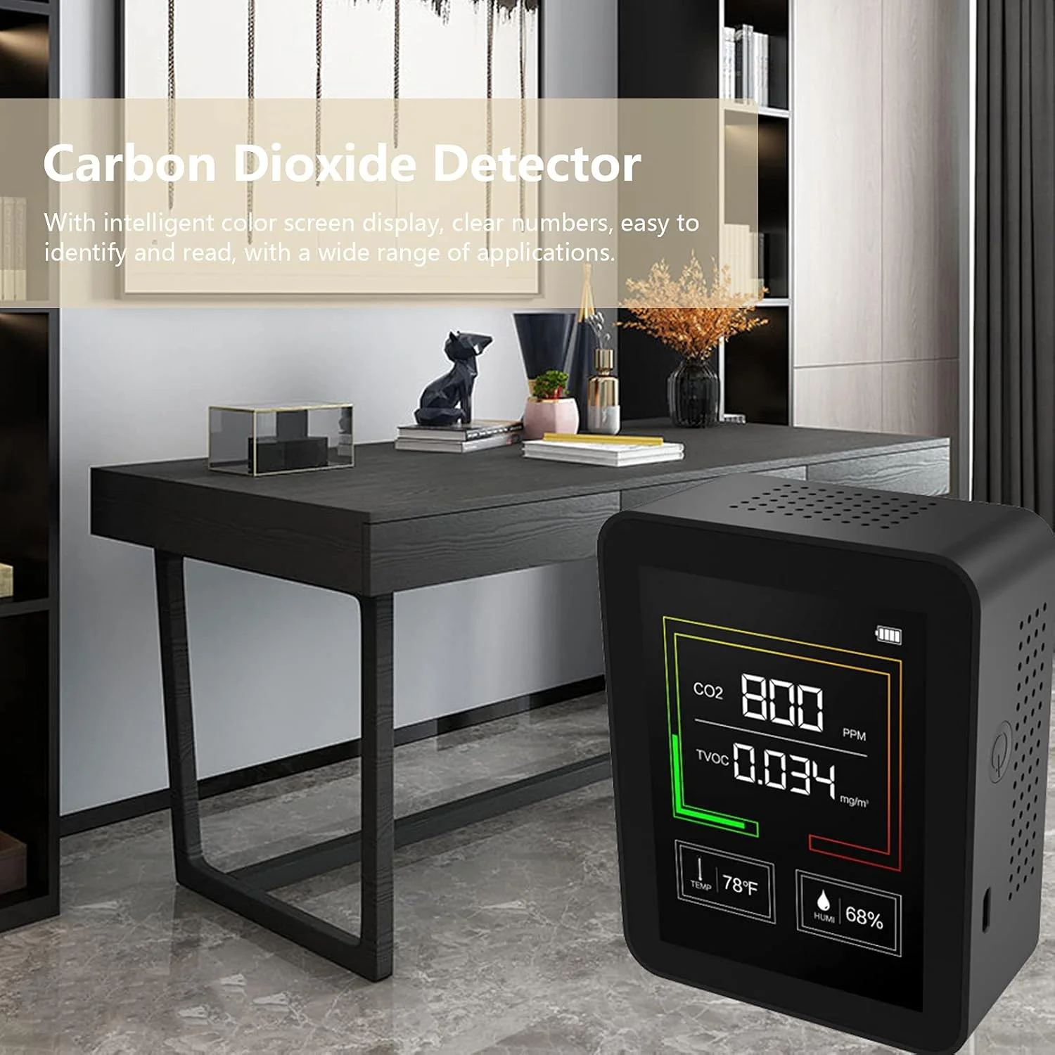 دستگاه تشخیص CO2 مانیتور دی اکسید کربن شارژر USB سنسور مانیتور کیفیت هوا دستگاه تشخیص TVOC با دما و رطوبت برای خانه، دفتر، باشگاه، ماشین (مشکی)