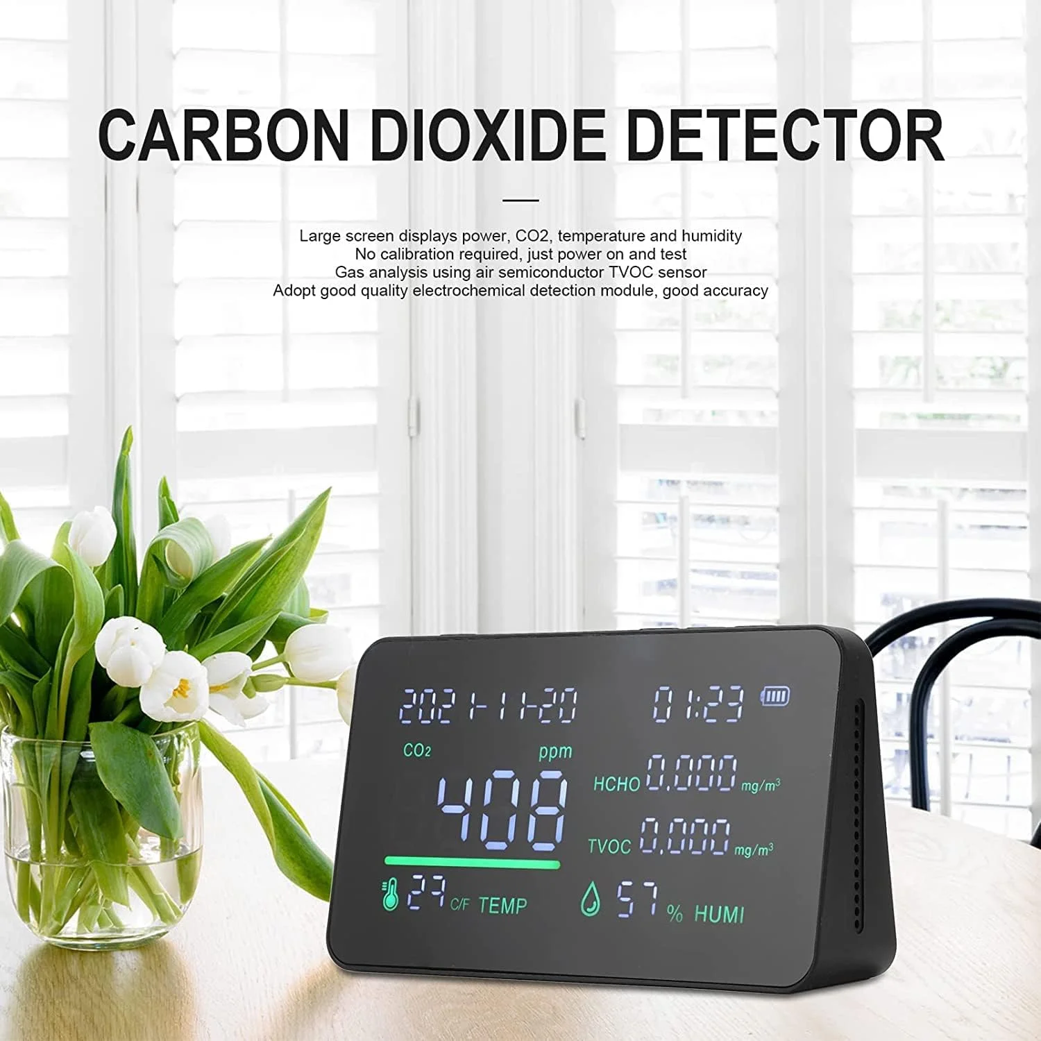 دستگاه تشخیص CO2، مانیتور CO2، حسگر TVOC، مصرف پایین، ضد تداخل با صفحه نمایش بزرگ برای فضای داخلی (مشکی)
