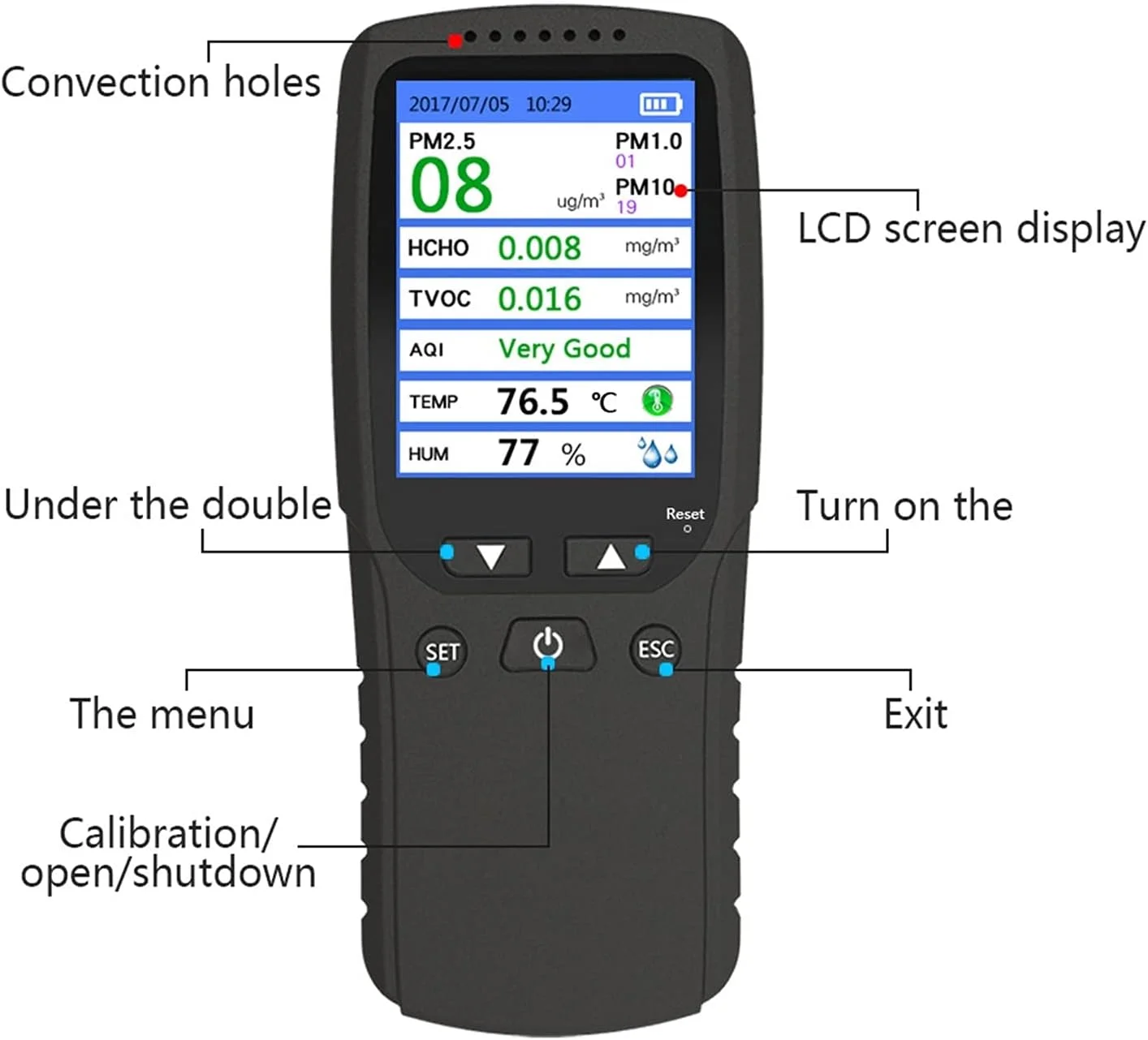 دستگاه تشخیص گاز قابل حمل هانزالا، دستگاه تشخیص کیفیت هوا PM2.5، نمایشگر دما و رطوبت، فرمالدهید متر