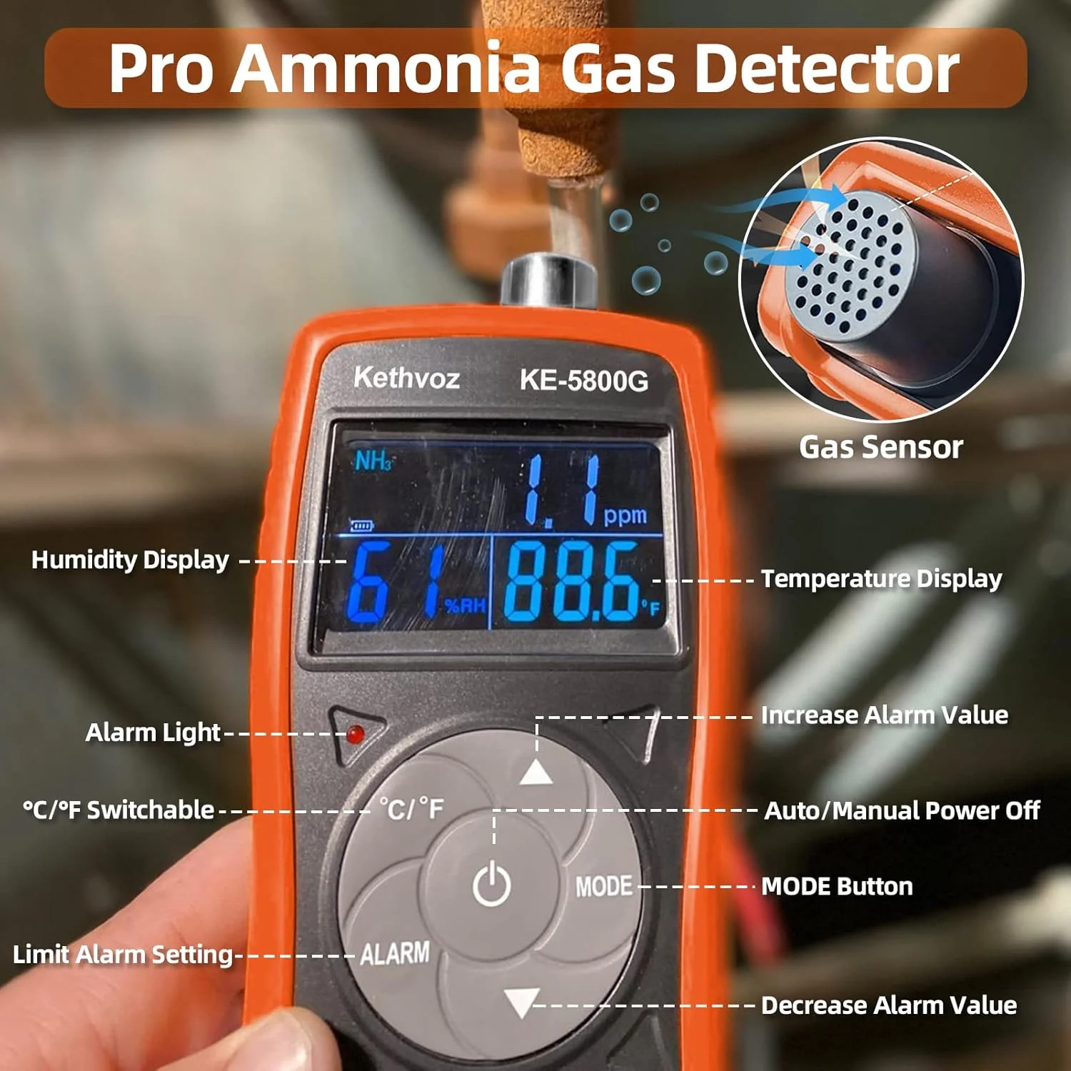 دتکتور گاز آمونیاک، مانیتور گاز Kethvoz مدل KE-5800G، آشکارساز هوا برای صنعت، خانه، کارخانه، کیفیت دستگاه تصفیه هوا، دکوراسیون، محیط زیست