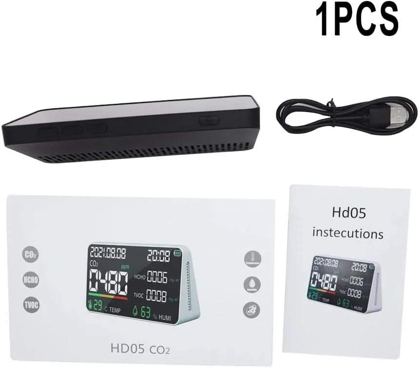 دستگاه تشخیص CO2، دستگاه تشخیص دی اکسید کربن، مانیتور CO2، مانیتور کیفیت هوا 5 در 1 LCD دما رطوبت دی اکسید کربن TVOC HCHO