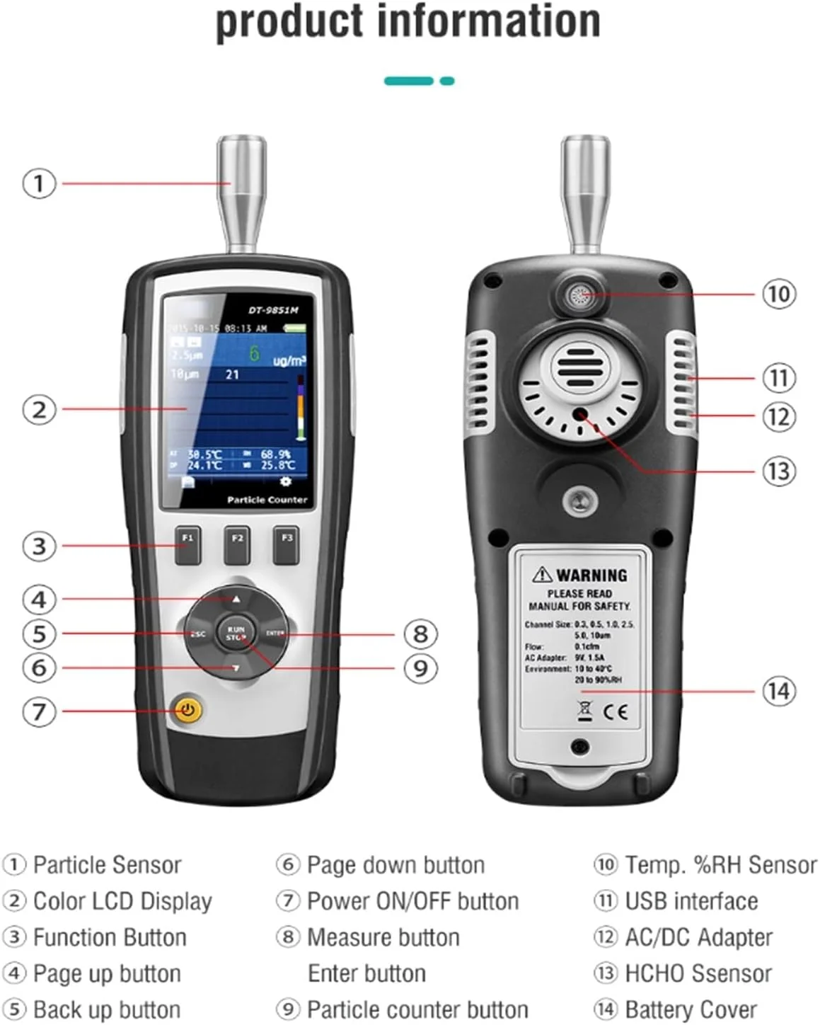 دتکتور گاز DT-9850M حرفه ای قابل حمل PM0.3، PM2.5، PM10um قیمت شمارنده ذرات برای اتاق تمیز