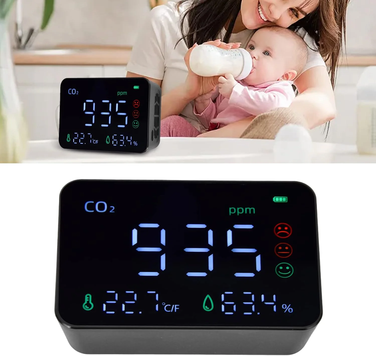 مانیتور CO2، آشکارساز کیفیت هوا با روشنایی قابل تنظیم 400 تا 5000PPM زمان شارژ 3 ساعته برای مصارف خانگی و اداری مانیتور CO2، آشکارساز کیفیت هوا با روشنایی قابل تنظیم 400 تا 5000PPM زمان شارژ 3 ساعته برای مصارف خانگی و اداری