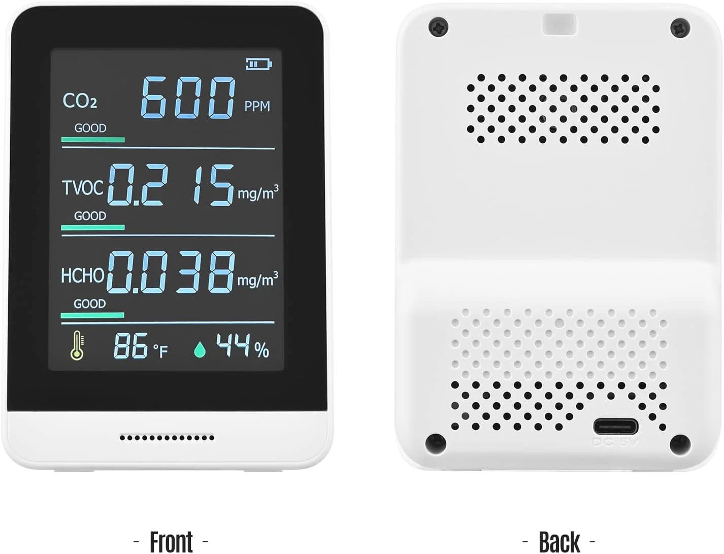 دستگاه تشخیص کیفیت هوا 5 در 1 IR دقیق برای CO2، TVOC، HCHO، دما، رطوبت نسبی با نمایشگر لحظه ای، آلارم و بند دستگاه تشخیص کیفیت هوا 5 در 1 IR دقیق برای CO2، TVOC، HCHO، دما، رطوبت نسبی با نمایشگر لحظه ای، آلارم و بند