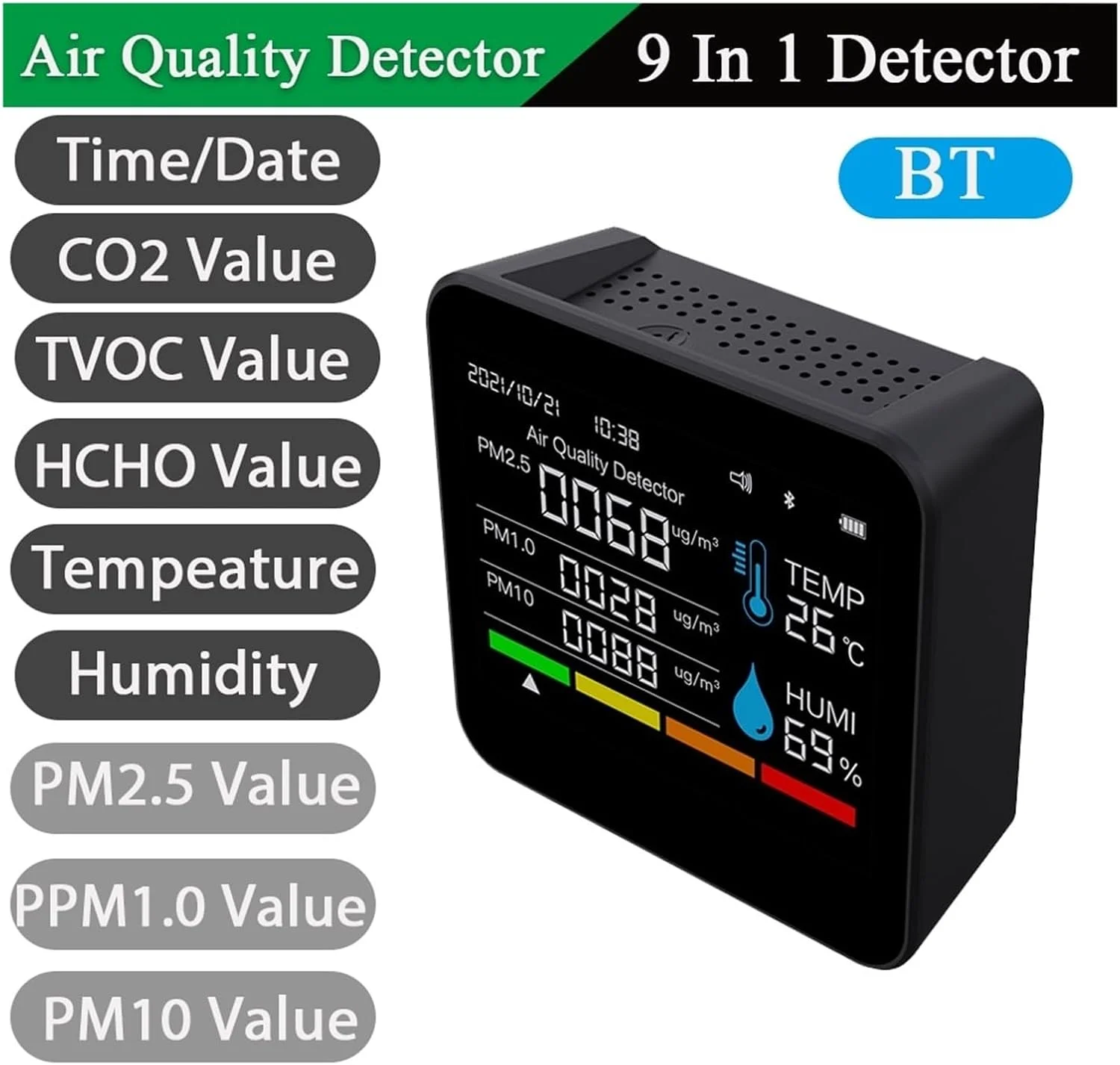 دستگاه تشخیص گاز 9 در 1، مانیتور کیفیت هوا، سنجش دی اکسید کربن، آشکارساز دی اکسید کربن TVOC HCHO PM2.5 PM1.0 PM10، تست رطوبت دما