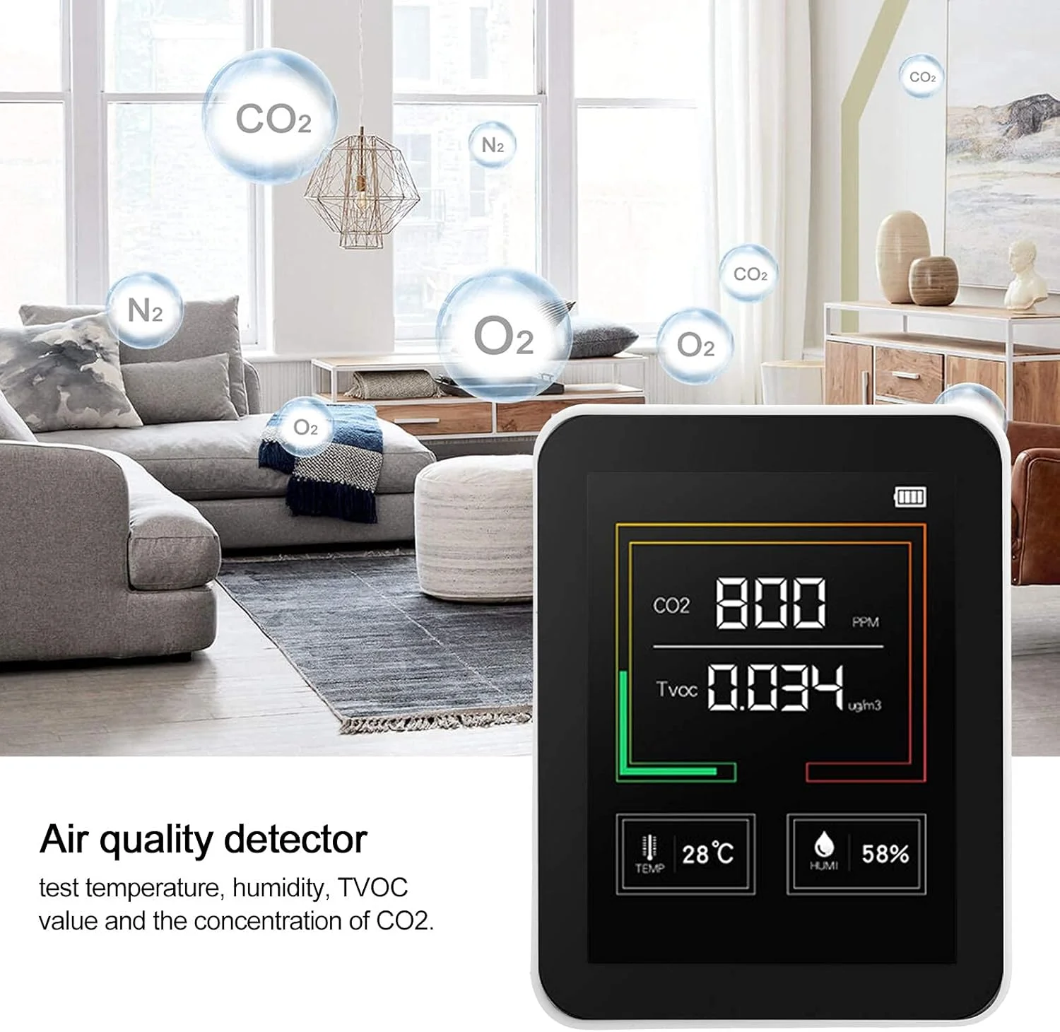 دستگاه سنجش CO2، مانیتور کیفیت هوا و ردیاب CO2 داخلی با صفحه نمایش بزرگ LCD با نور پس زمینه، ردیاب چند منظوره دی اکسید کربن برای تست دما، رطوبت، مقدار TVOC، غلظت CO2 دستگاه سنجش CO2، مانیتور کیفیت هوا و ردیاب CO2 داخلی با صفحه نمایش بزرگ LCD با نور پس زمینه، ردیاب چند منظوره دی اکسید کربن برای تست دما، رطوبت، مقدار TVOC، غلظت CO2