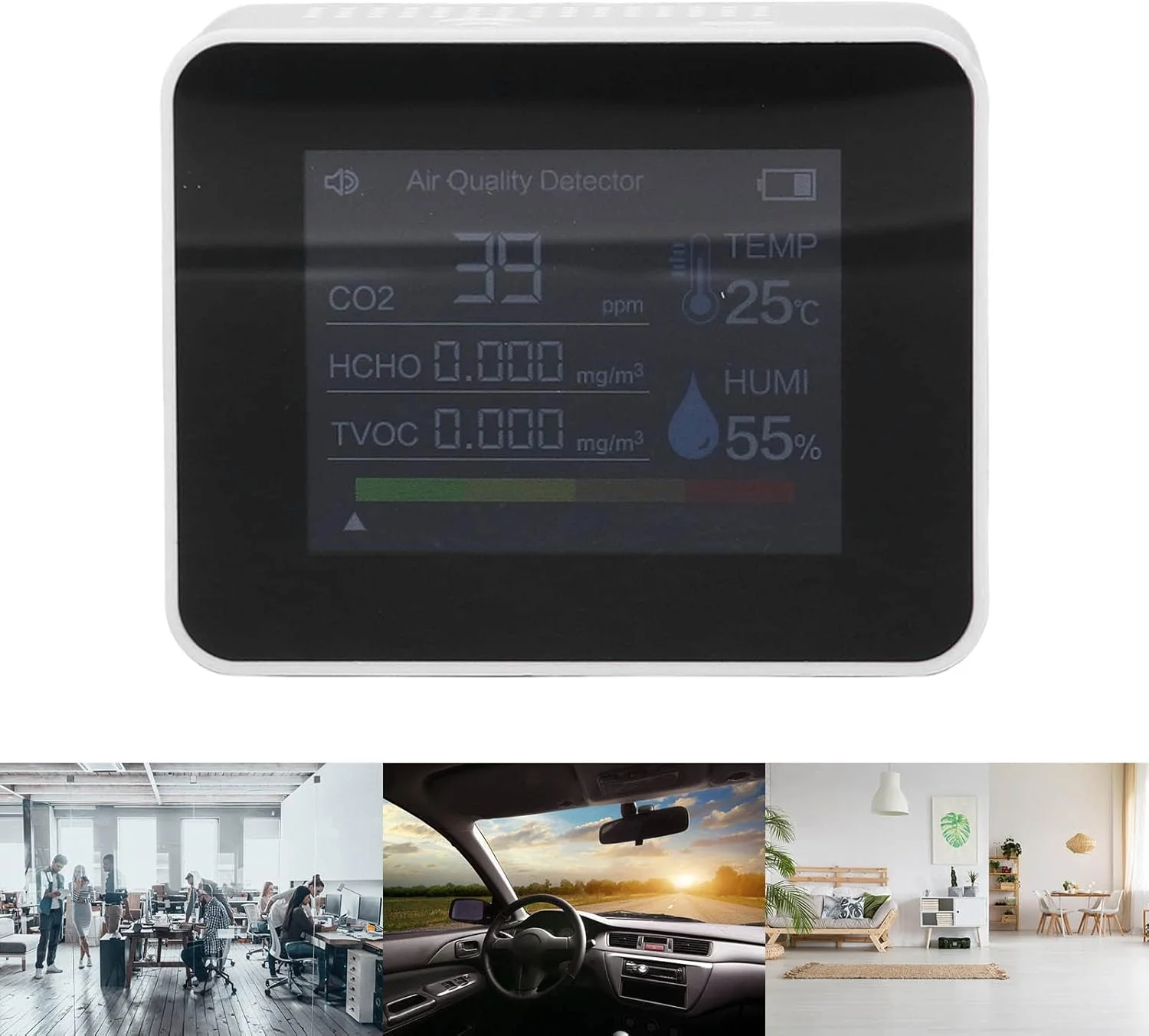 دستگاه تشخیص CO2 کیفیت هوای داخل ساختمان، مانیتور دی اکسید کربن، محدوده 400-6000PPM، قابل شارژ با USB، دماسنج و رطوبت سنج مناسب خانه، اداره، باشگاه و خودرو (سفید)
