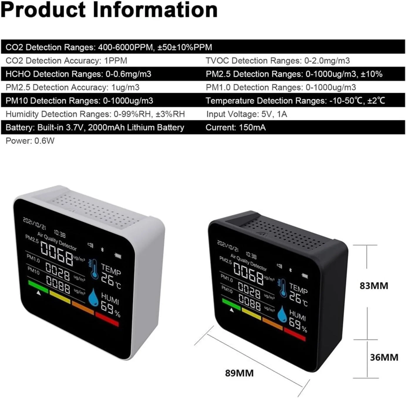 دستگاه تشخیص گاز 9 در 1، مانیتور کیفیت هوا، سنجش دی اکسید کربن، آشکارساز دی اکسید کربن TVOC HCHO PM2.5 PM1.0 PM10، تست رطوبت دما