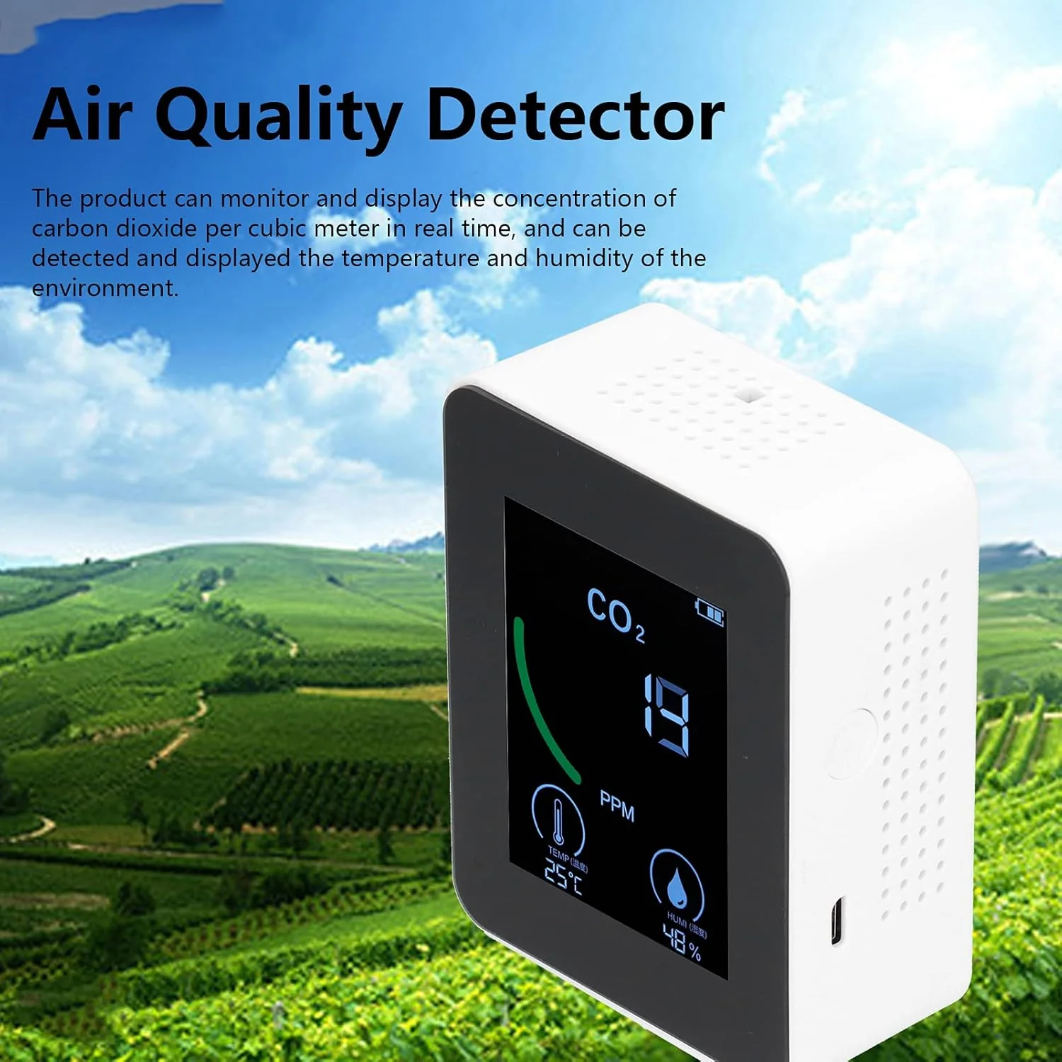 دستگاه تشخیص دی اکسید کربن CO2، شارژر USB، سنسور مانیتور کیفیت هوا، دستگاه تشخیص TVOC با دما و رطوبت برای خانه، دفتر، باشگاه، ماشین (سفید)