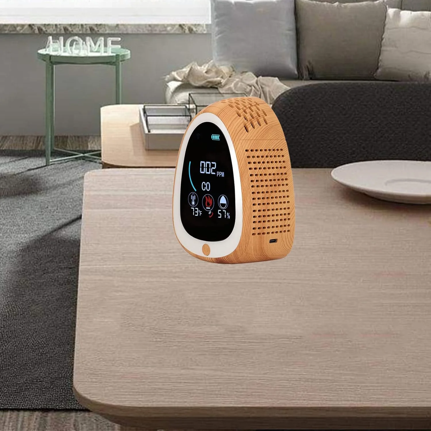 دستگاه تشخیص کیفیت هوای داخلی، سنسور با دقت بالا DC 5V 2A با محدوده 0-1000PPM، کنترل از طریق اپلیکیشن، باتری 1400mA، مناسب برای کمپینگ در فضای باز