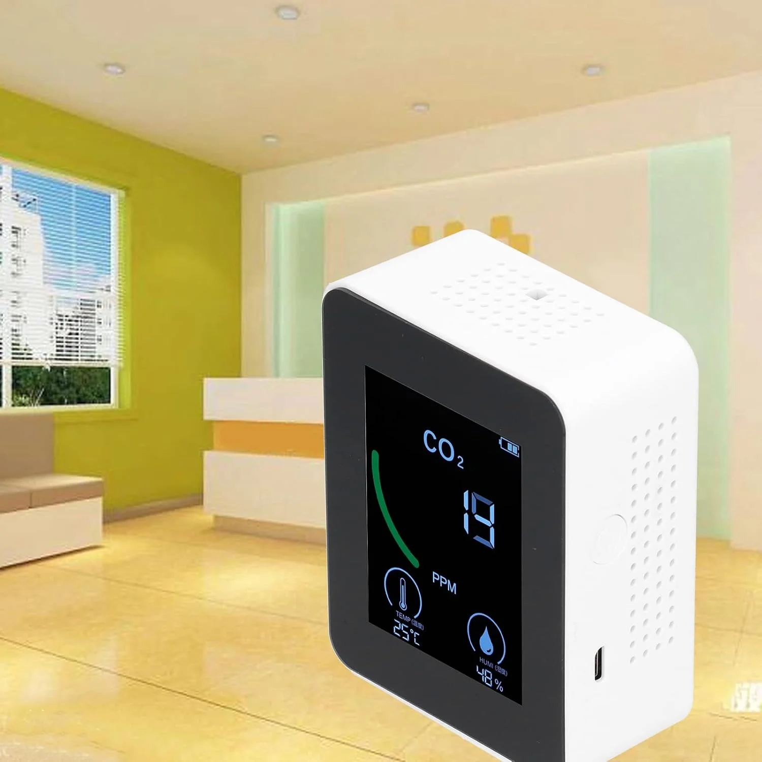 دستگاه تشخیص دی اکسید کربن CO2، شارژر USB، سنسور مانیتور کیفیت هوا، دستگاه تشخیص TVOC با دما و رطوبت برای خانه، دفتر، باشگاه، ماشین (سفید)