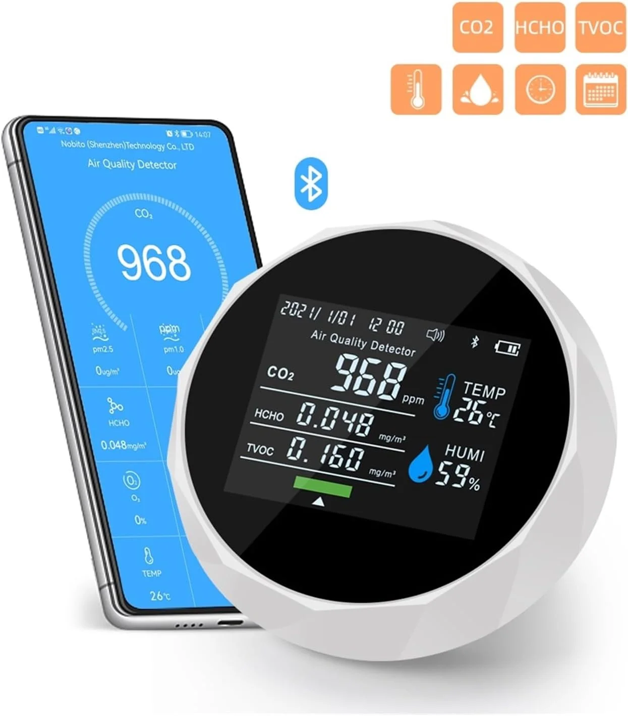 دستگاه تشخیص گاز، دستگاه نظارت بر هوای چند منظوره TVOC HCHO CO2 متر، تستر کیفیت گاز و رطوبت و آشکارساز کنترل دندان (سفید)