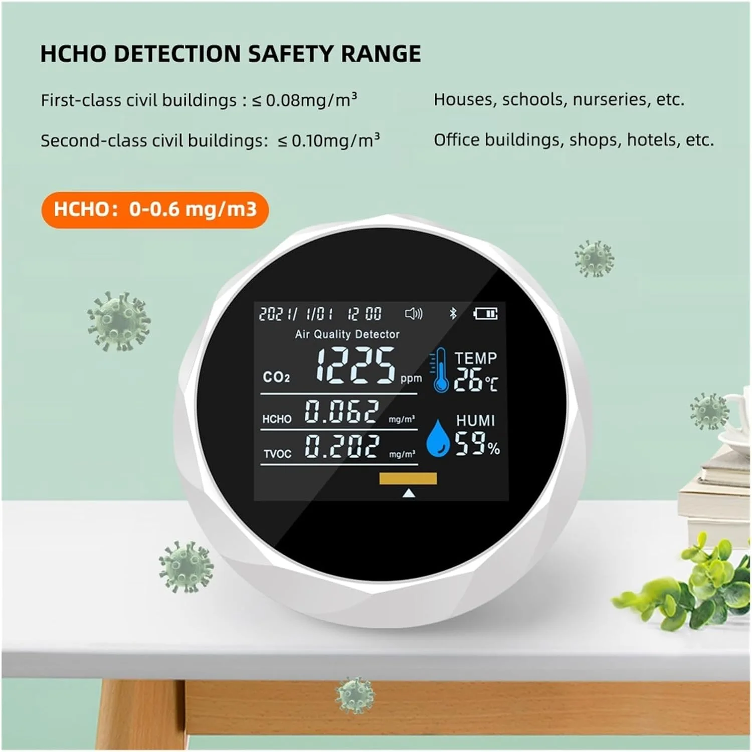 دستگاه تشخیص گاز، دستگاه نظارت بر هوای چند منظوره TVOC HCHO CO2 متر، تستر کیفیت گاز و رطوبت و آشکارساز کنترل دندان (سفید)