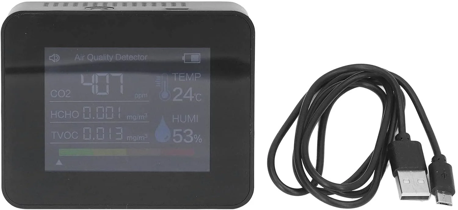 دستگاه تشخیص CO2 کیفیت هوای داخل ساختمان، مانیتور دی اکسید کربن 400-6000PPM قابل شارژ USB، دتکتور آلارم CO2، دماسنج و رطوبت سنج نسبی برای خانه، دفتر، باشگاه، ماشین (مشکی)
