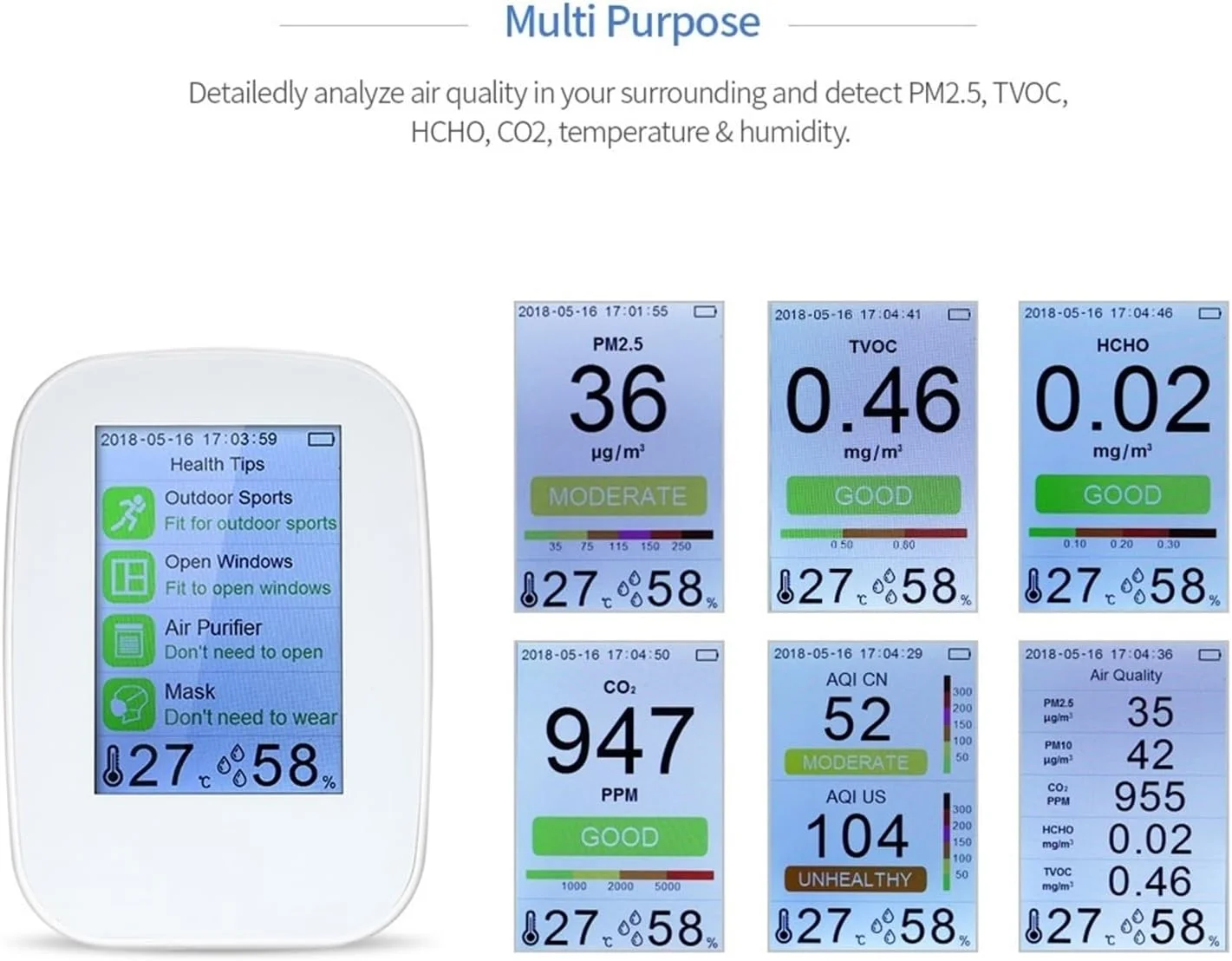دستگاه تشخیص گاز، آشکارساز دیجیتال کیفیت هوا برای محیط های داخلی/خارجی HCHO و TVOC، دستگاه مانیتورینگ سنجش دی اکسید کربن با باتری قابل شارژ (D9-H)