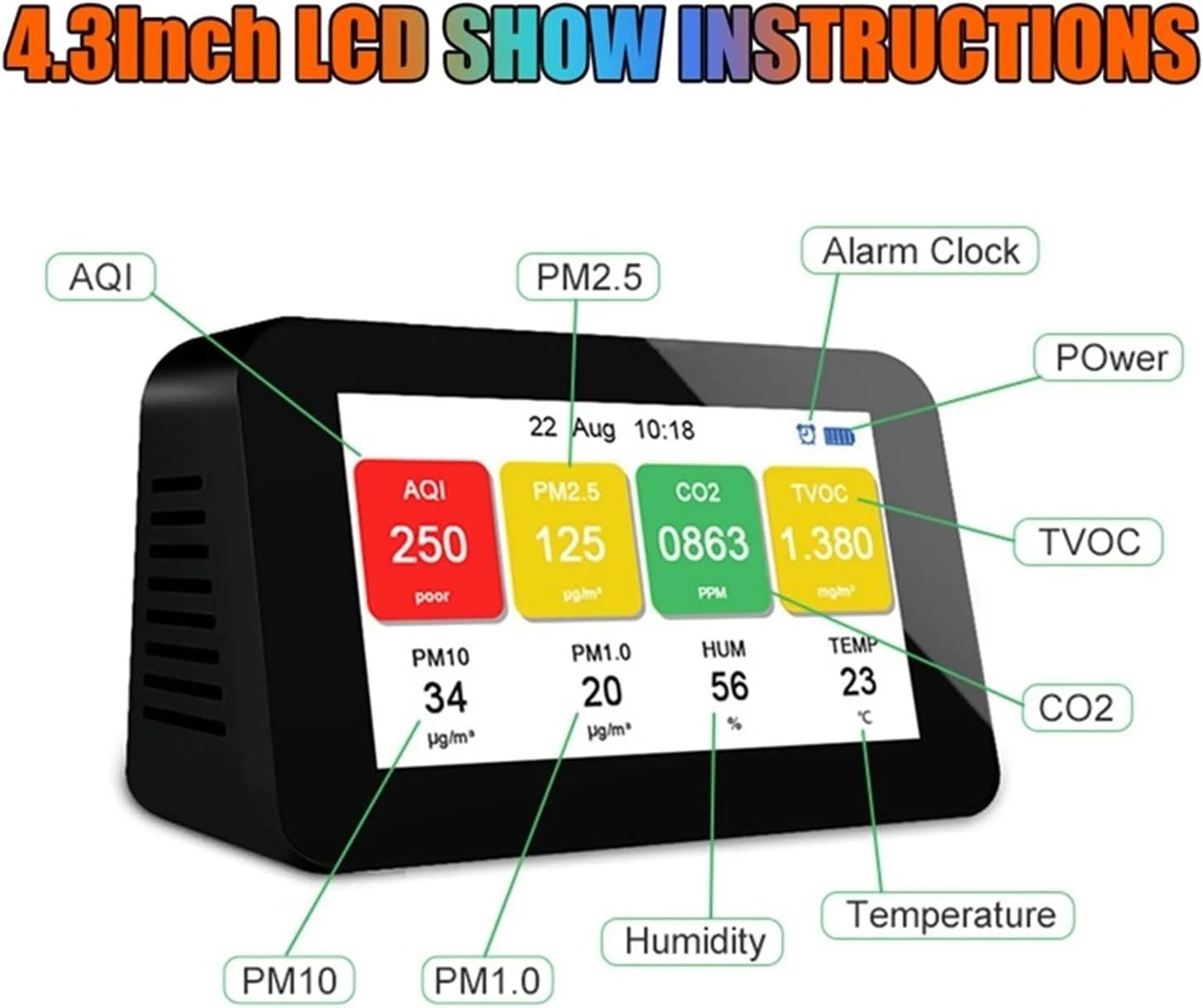 دستگاه تشخیص گاز، مانیتور کیفیت هوا با LCD 4.3 اینچی، آشکارساز گاز PM2.5 PM1.0 PM10 TVOC، ذرات معلق، متر CO2، دستگاه تست دما و رطوبت، ساعت زنگ دار