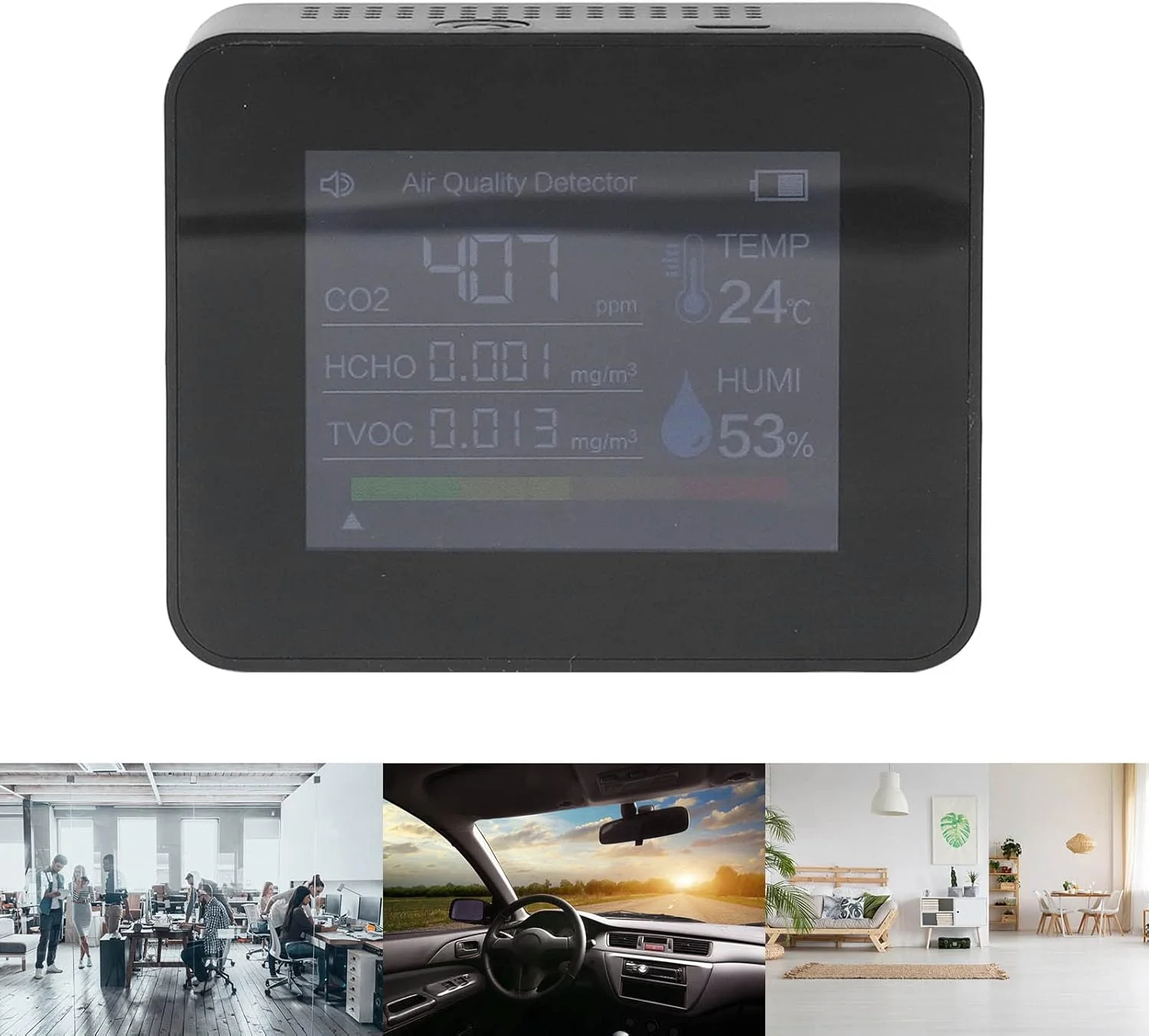 دستگاه تشخیص CO2 کیفیت هوای داخل ساختمان، مانیتور دی اکسید کربن 400-6000PPM قابل شارژ USB، دتکتور آلارم CO2، دماسنج و رطوبت سنج نسبی برای خانه، دفتر، باشگاه، ماشین (مشکی)