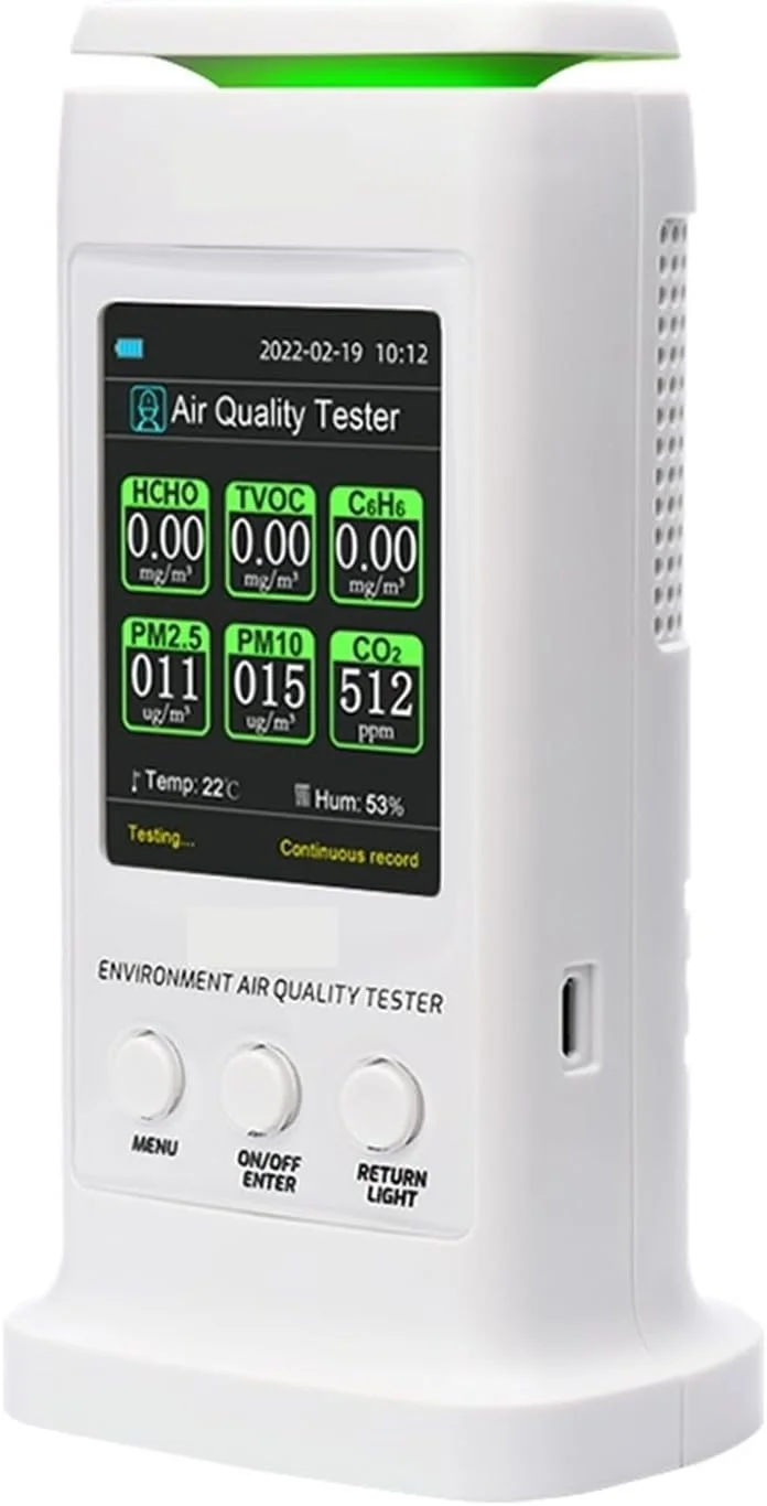 دتکتور گاز، ردیاب کیفیت هوا 8 در 1 با تجزیه و تحلیل داده های کامپیوتر PM2.5 PM10 HCHO TVOC C6H6 CO2 دماسنج مانیتور تست خانگی