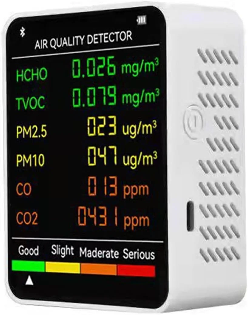 دستگاه تشخیص گاز، آشکارساز کیفیت هوای قابل حمل چند منظوره 6 در 1 PM2.5 PM10 HCHO TVOC CO2 مانیتور فرمالدئید صفحه نمایش بزرگ LCD (سفید)