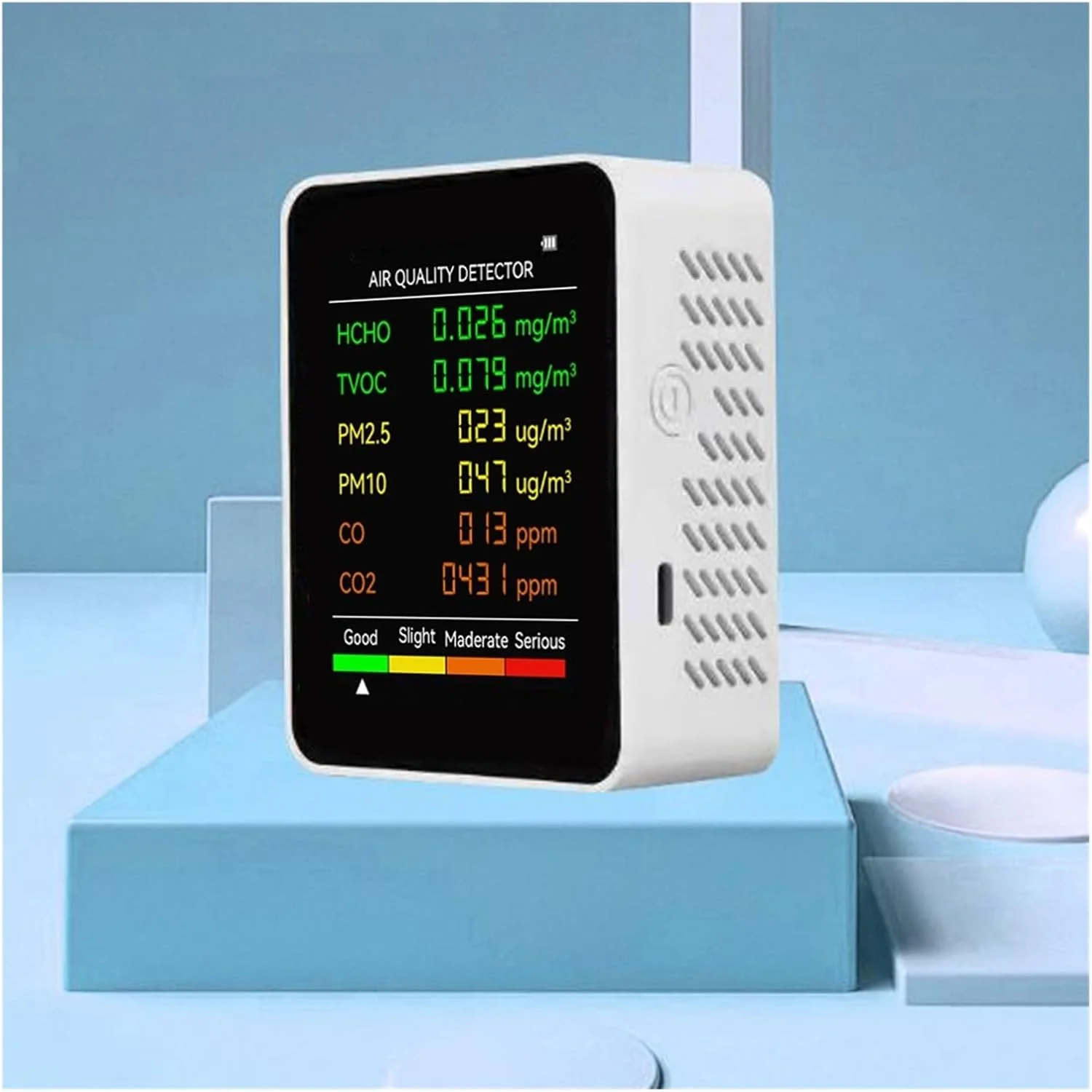 دستگاه تشخیص گاز، آشکارساز کیفیت هوای قابل حمل چند منظوره 6 در 1 PM2.5 PM10 HCHO TVOC CO2 مانیتور فرمالدئید صفحه نمایش بزرگ LCD (سفید)