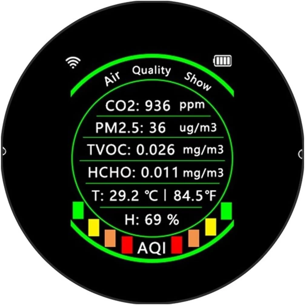 دستگاه تشخیص گاز 7 در 1، سنجش کیفیت هوا PM2.5 CO2 TVOC HCHO، دستگاه اندازه گیری دما و رطوبت، صفحه نمایش رنگی قابل حمل، آشکارساز دی اکسید کربن (7 در 1 مشکی WiFi)