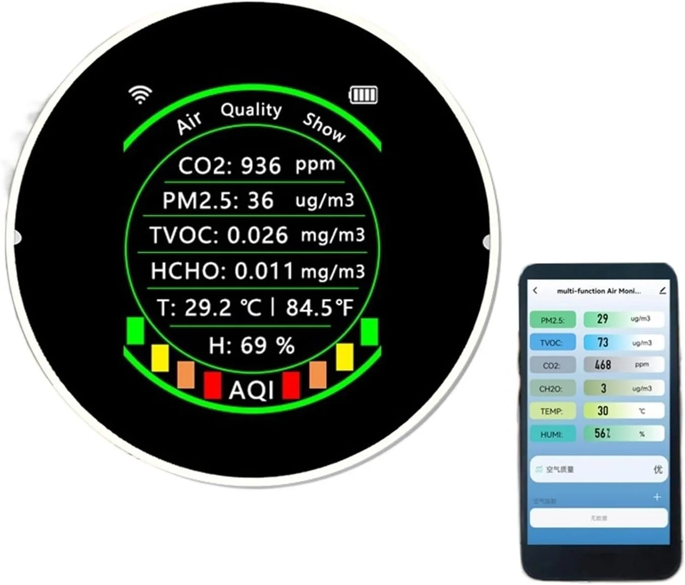 دستگاه تشخیص گاز 7 در 1، سنجش کیفیت هوا PM2.5 CO2 TVOC HCHO، دستگاه اندازه گیری دما و رطوبت، صفحه نمایش رنگی قابل حمل، آشکارساز دی اکسید کربن (7 در 1 مشکی WiFi)