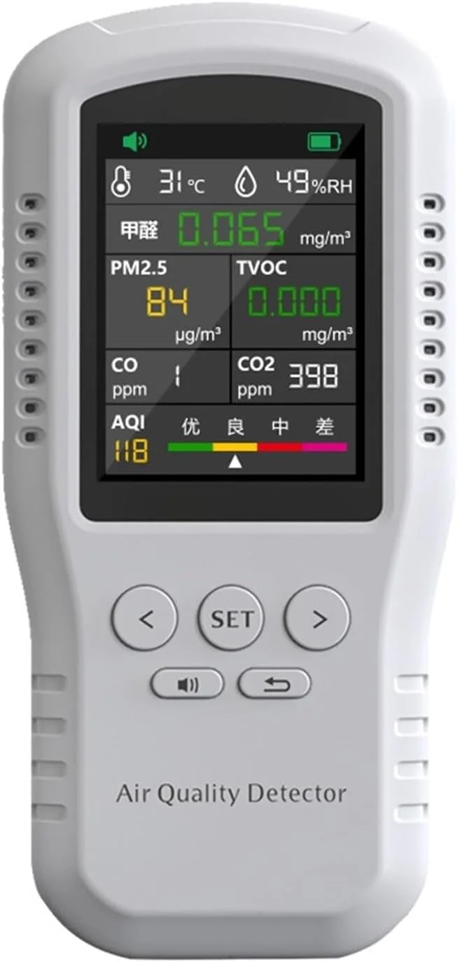 دستگاه تشخیص گاز، ردیاب کیفیت هوا 8 در 1 CO2 CO PM2.5 HCHO TVOC، مانیتورینگ دما و رطوبت با دقت بالا، تستر چند منظوره کیفیت هوا