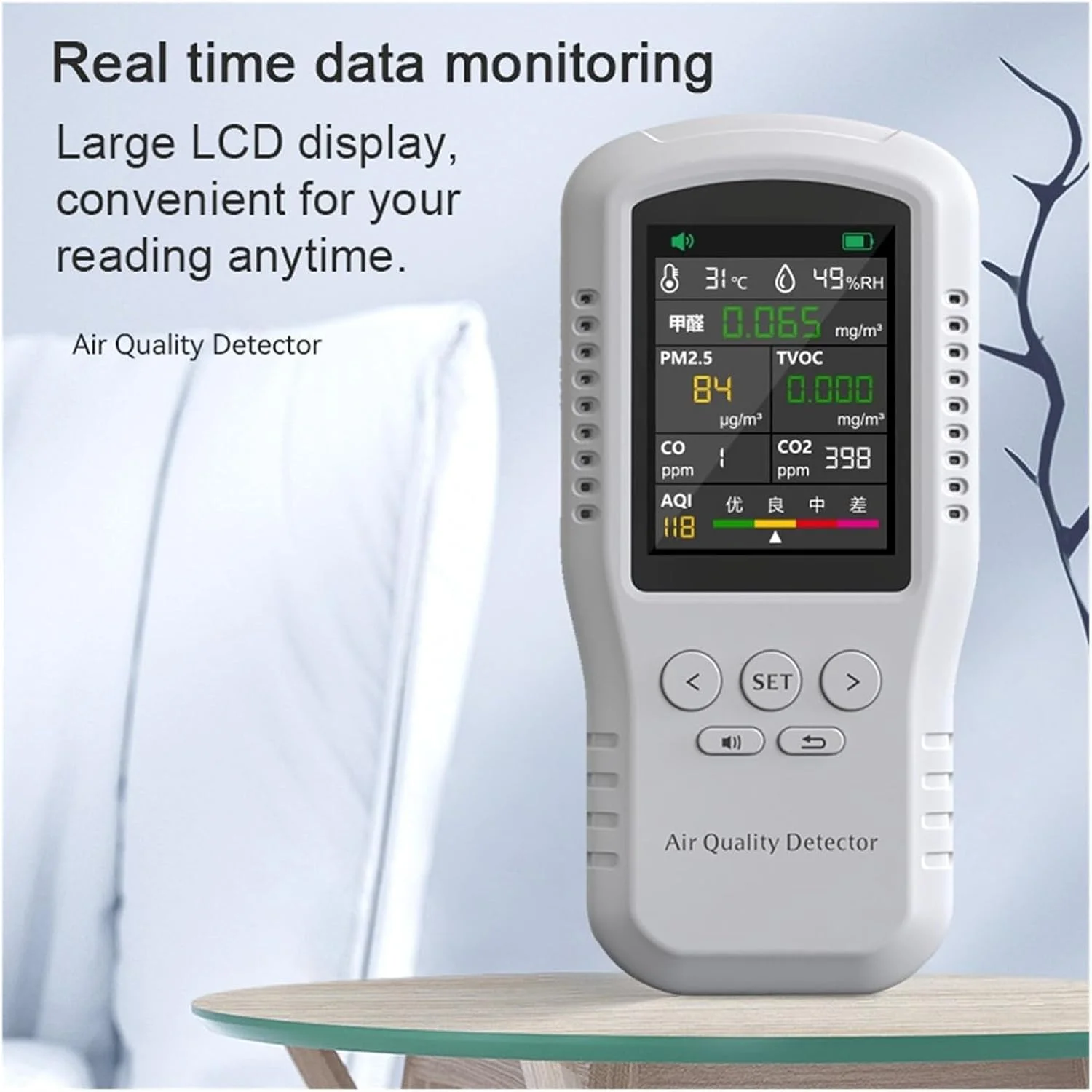 دستگاه تشخیص گاز، ردیاب کیفیت هوا 8 در 1 CO2 CO PM2.5 HCHO TVOC، مانیتورینگ دما و رطوبت با دقت بالا، تستر چند منظوره کیفیت هوا