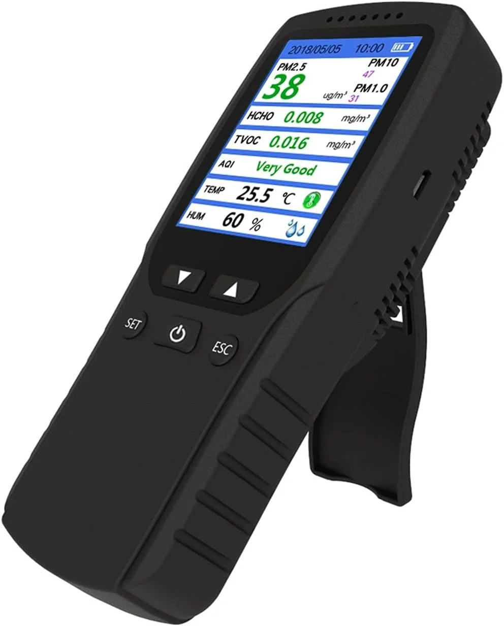 دستگاه تشخیص گاز، آشکارساز کیفیت هوای قابل حمل PM2.5. تشخیص دما و رطوبت، نمایشگر فرمالدهید
