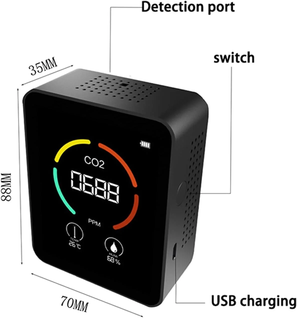 دستگاه تشخیص گاز، مانیتورینگ هوا دی اکسید کربن، آشکارساز دی اکسید کربن، گلخانه، انبار، کیفیت هوا، دما، رطوبت سنج اندازه گیری سریع (سفید، 5 در 1)