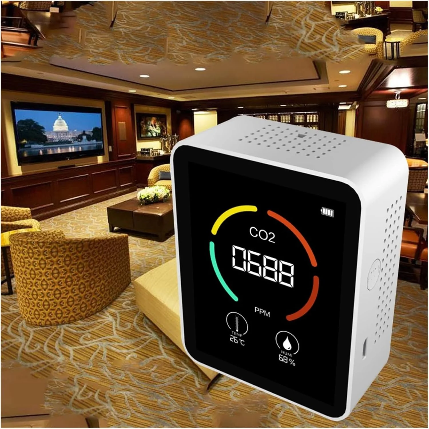 دستگاه تشخیص گاز، مانیتورینگ هوا دی اکسید کربن، آشکارساز دی اکسید کربن، گلخانه، انبار، کیفیت هوا، دما، رطوبت سنج اندازه گیری سریع (سفید، 5 در 1)