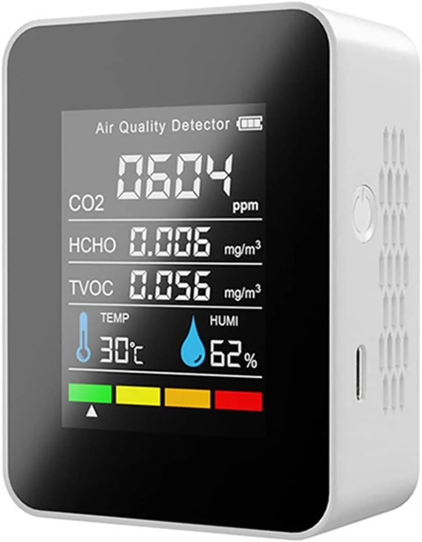 دتکتور گاز، آشکارساز کیفیت هوا CO2 متر، تستر دی اکسید کربن TVOC، مقدار فرمالدئید، مقدار برق، دماسنج و رطوبت سنج (سفید)