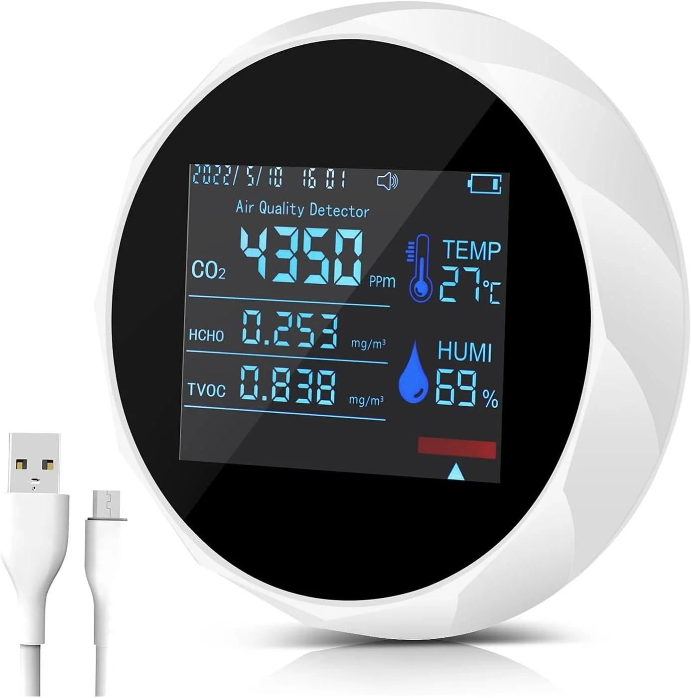 دستگاه تشخیص گاز، دستگاه سنجش دی اکسید کربن دیجیتال 7 در 1، تستر دما و رطوبت TVOC HCHO، آشکارساز نظارت بر کیفیت هوا، مانیتور هشدار دهنده بلوتوث (سفید)