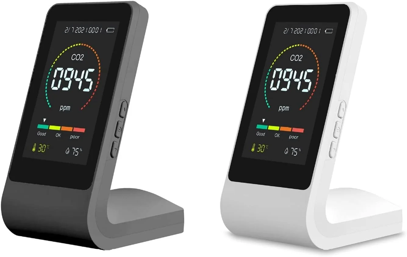 دستگاه تشخیص گاز، ردیاب دی اکسید کربن، کیفیت هوا، دما و رطوبت، مادون قرمز سه در CO2. نیمه هادی قابل حمل (سفید)