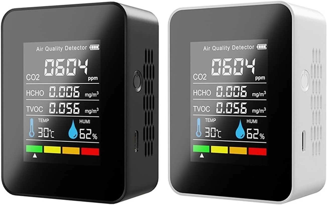 دتکتور گاز، آشکارساز کیفیت هوا CO2 متر، تستر دی اکسید کربن TVOC، مقدار فرمالدئید، مقدار برق، دماسنج و رطوبت سنج (سفید)