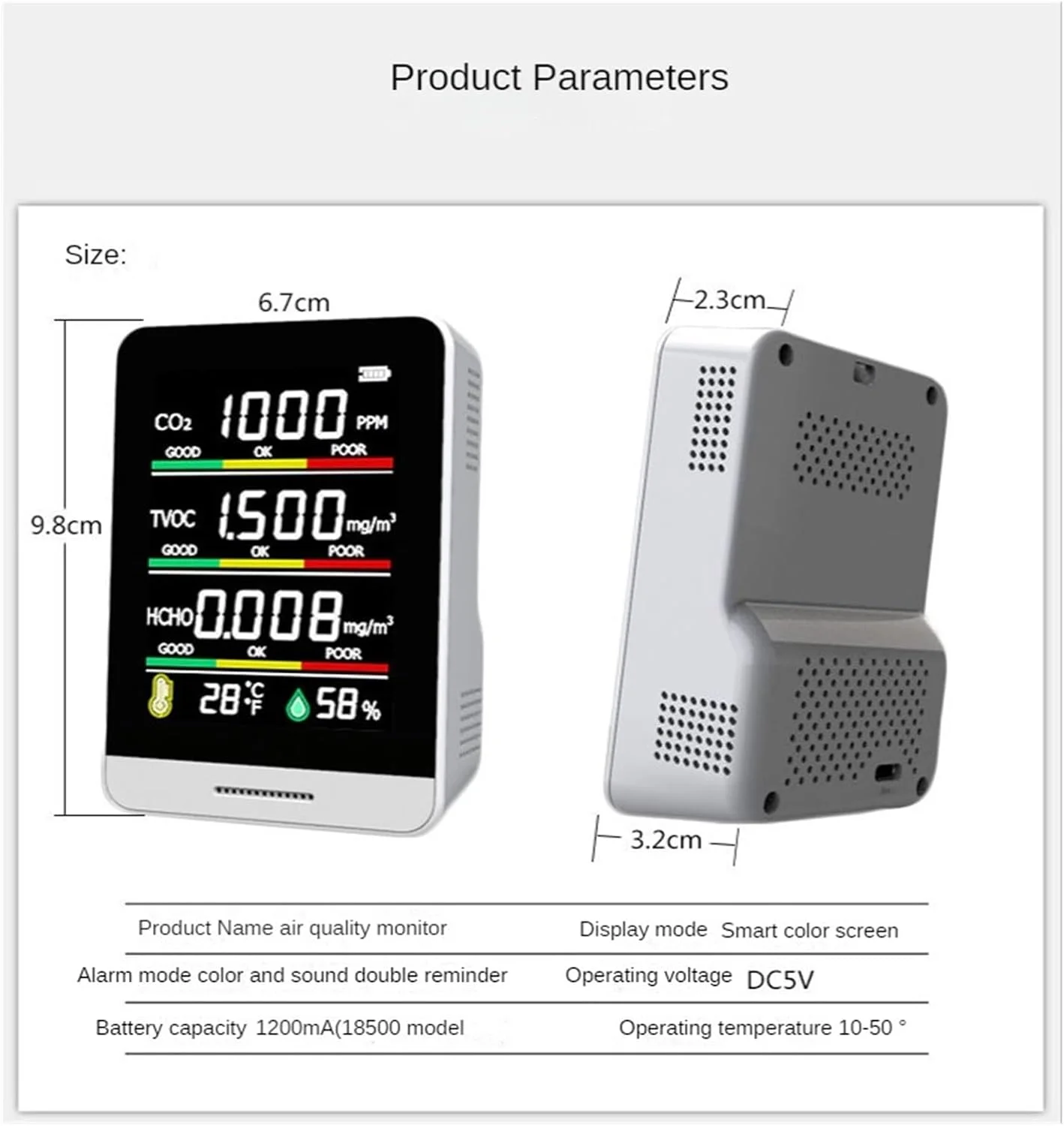 دستگاه تشخیص گاز، دستگاه تشخیص 5 در 1 دی اکسید کربن، مانیتور کیفیت هوا، دستگاه تست دما و رطوبت دیجیتال قابل حمل HCHO TVOC CO2 متر