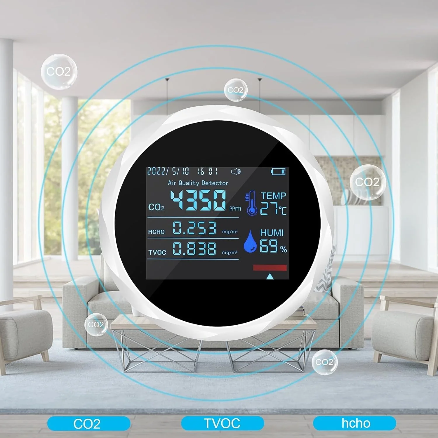 دستگاه تشخیص گاز، دستگاه سنجش دی اکسید کربن دیجیتال 7 در 1، تستر دما و رطوبت TVOC HCHO، آشکارساز نظارت بر کیفیت هوا، مانیتور هشدار دهنده بلوتوث (سفید)
