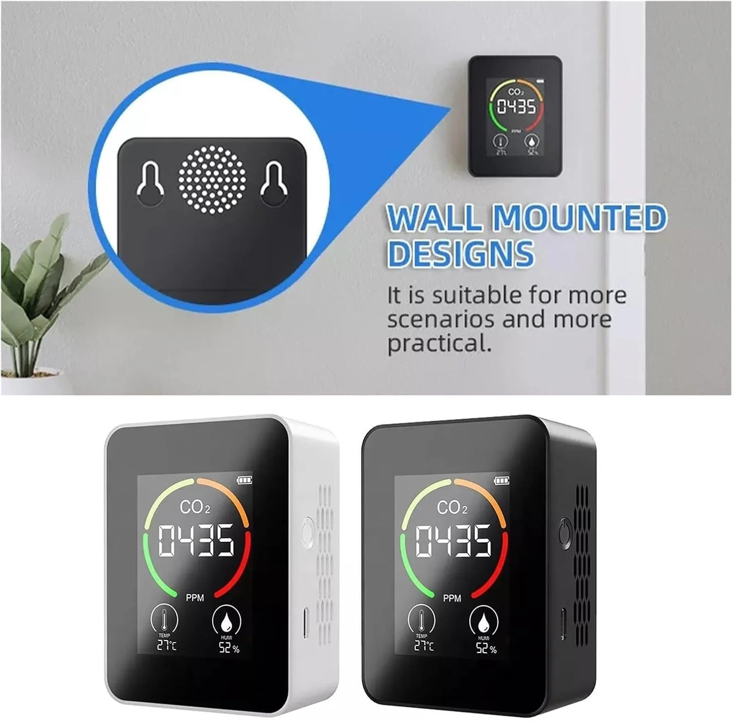 دستگاه تشخیص گاز، 3 در 1، سنجش دی اکسید کربن PM2.5، مانیتور کیفیت هوای دیجیتال، تست دما و رطوبت، سنسور مونوکسید کربن، آشکارساز نشت گاز (سفید 3 در 1)